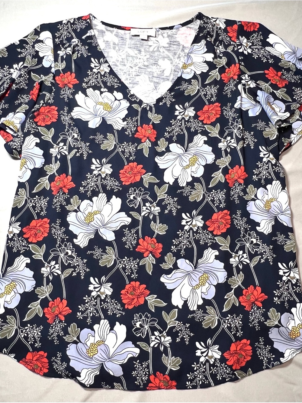 LOFT Navy Floral V-Neck Top with White & Red Blooms